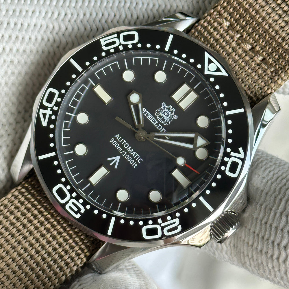STEELDIVE SD1957L black dial dive watch on a khaki nylon strap