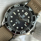 STEELDIVE SD1957L black dial dive watch on a khaki nylon strap