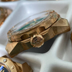Steeldive SD1960S bronze case green dial close-up of signed screw-down crown and faceted side