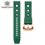 Steeldive SD1960S green rubber dive strap with bronze signed buckle accessory detail