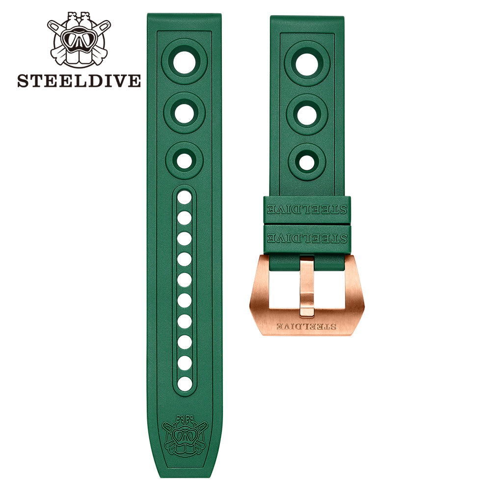 Steeldive SD1960S green rubber dive strap with bronze signed buckle accessory detail