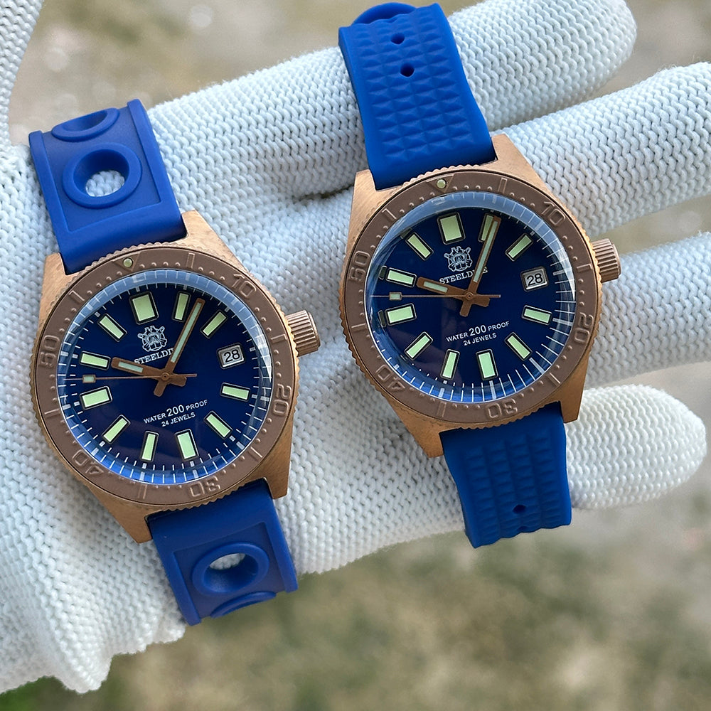 Two Steeldive SD1962S bronze watches on blue rubber and blue waffle straps side by side, comparison