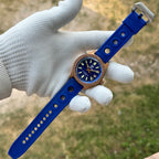 Steeldive SD1962S bronze watch on blue vented tropic-style rubber strap, full layout