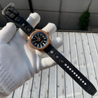 Steeldive SD1962S rubber strap detail, perforated black tropic-style band with steel buckle