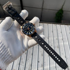 Steeldive SD1962S clasp view, steel pin buckle on perforated black rubber dive strap