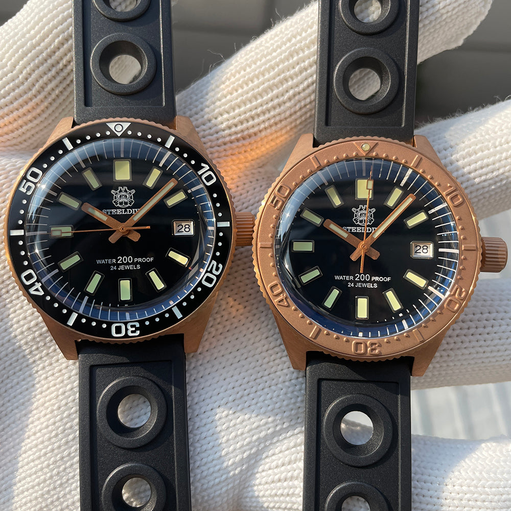 Steeldive SD1962S variant comparison, black ceramic bezel beside bronze bezel models side by side