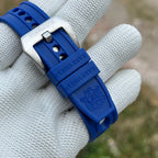 Steeldive SD1962S blue rubber strap with brushed signed buckle and Steeldive-engraved keeper, clasp detail