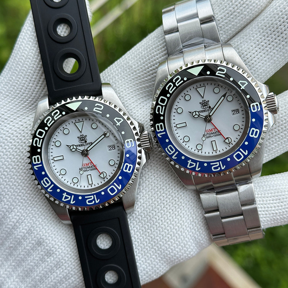 Steeldive SD1964GMT Batman blue bezel pair, white dial GMT shown on rubber strap and steel bracelet