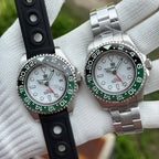 Steeldive SD1964GMT green Sprite bezel pair, white dial GMT shown on rubber strap and steel bracelet
