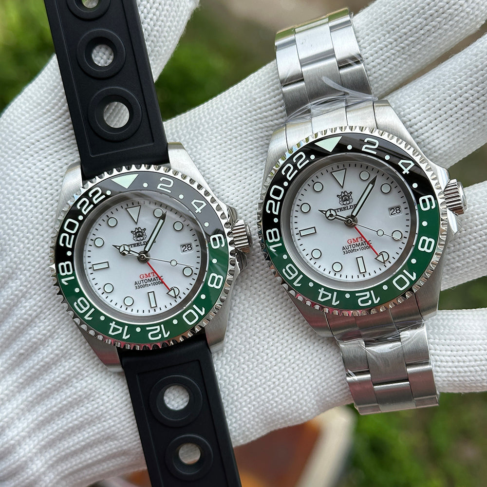 Steeldive SD1964GMT green Sprite bezel pair, white dial GMT shown on rubber strap and steel bracelet