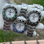 Steeldive SD1964GMT comparison of three white dial variants with black, blue Batman and green Sprite bezels