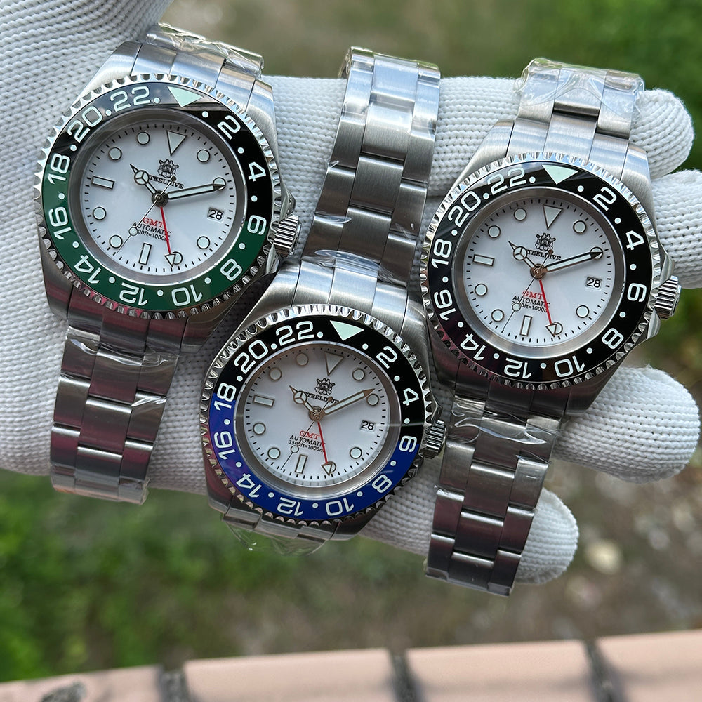 Steeldive SD1964GMT comparison of three white dial variants with black, blue Batman and green Sprite bezels