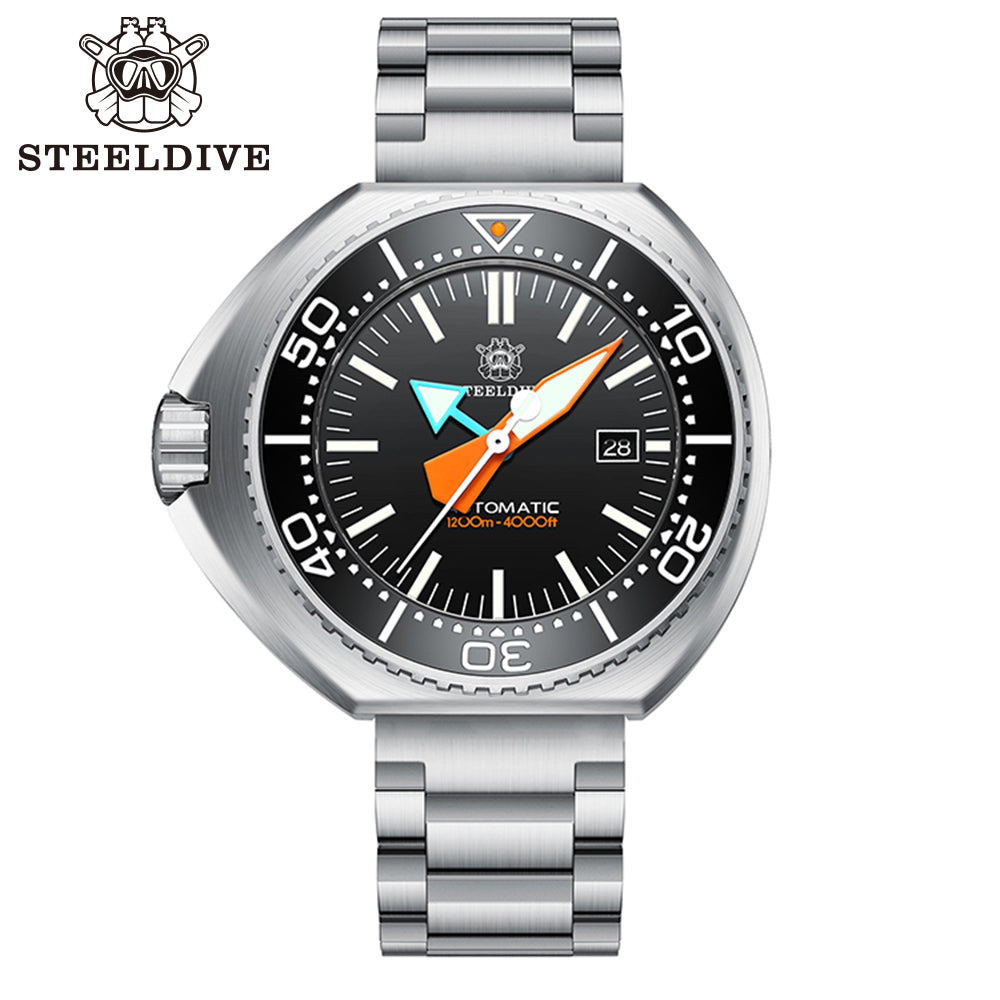 Steeldive SD1985 SD1988 tuna can diver compatible host watch with black bezel insert, steel bracelet front view