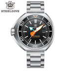 Steeldive SD1985 SD1988 tuna can diver compatible host watch with black bezel insert, steel bracelet front view