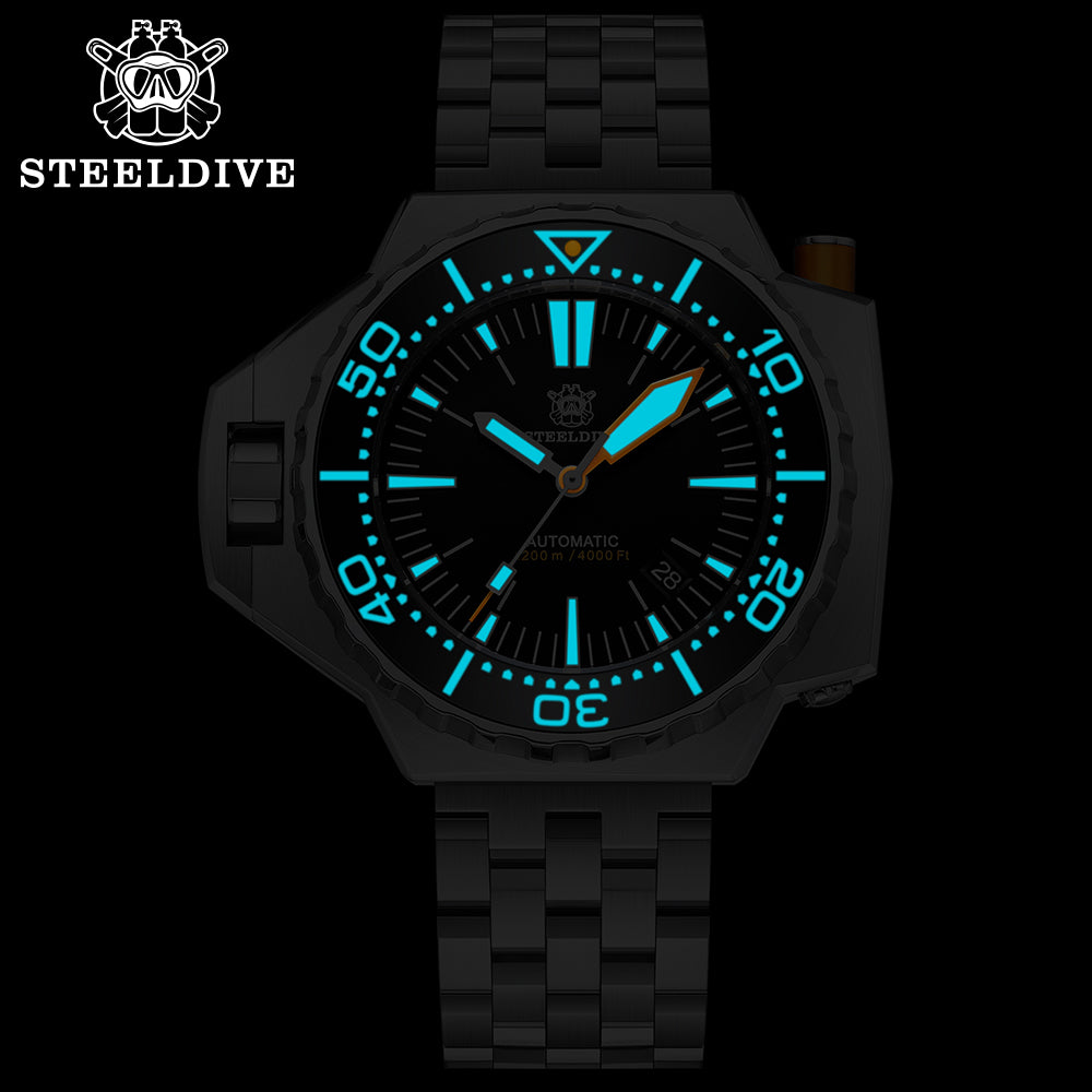 Steeldive SD1969 Proplof dive watch lume shot, cyan glowing indices and hands on black dial in the dark
