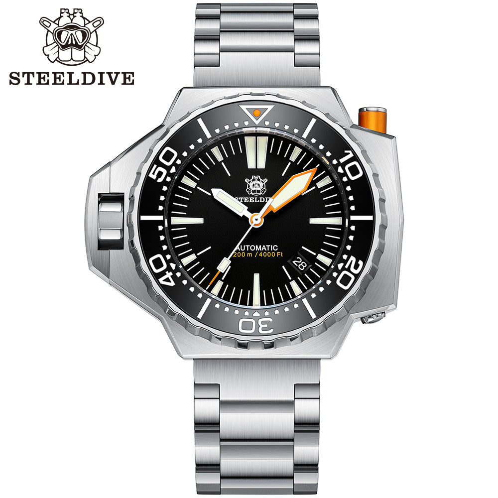 Steeldive SD1969 Proplof dive watch with black dial and stainless steel oyster bracelet, angled front view