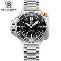 Steeldive SD1969 Proplof dive watch with black dial and stainless steel oyster bracelet, angled front view