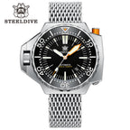 Steeldive SD1969 Proplof dive watch with black dial and stainless steel shark mesh bracelet, studio front