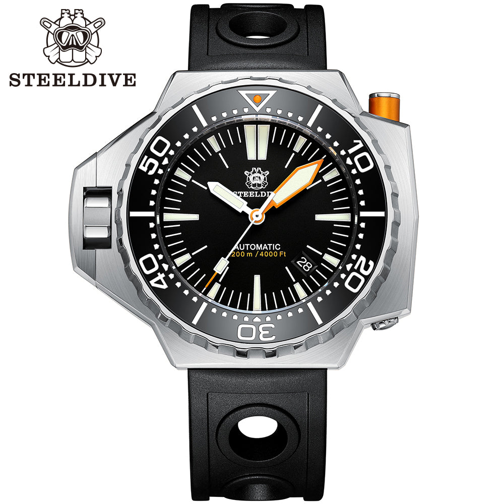 Steeldive SD1969 Proplof dive watch with black dial and black perforated rubber dive strap, front view