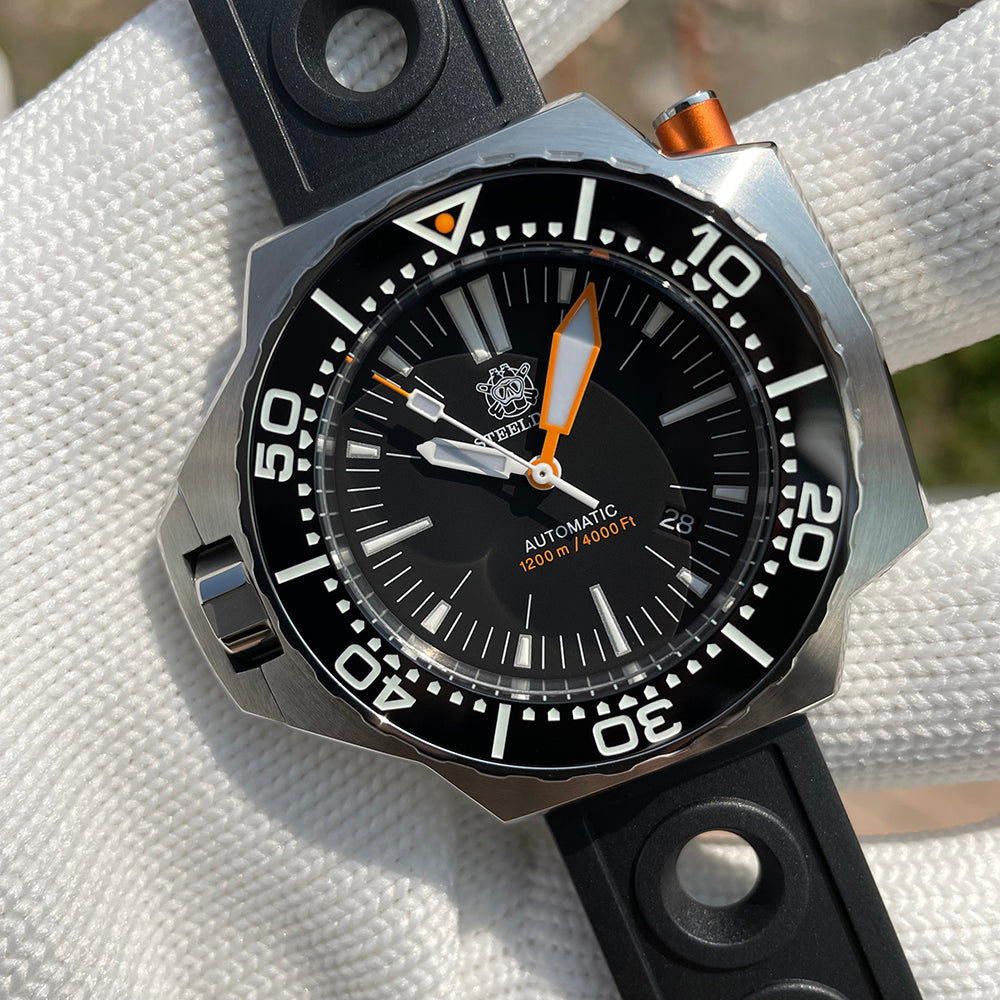 Steeldive SD1969 Proplof watch on black perforated rubber dive strap, outdoor wrist angle close-up