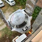 Steeldive SD1969 Proplof caseback close-up with skull diver engraving and brushed clasp, outdoor shot