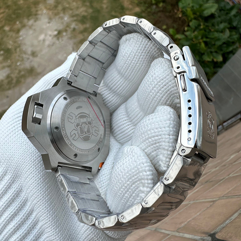 Steeldive SD1969 Proplof caseback engraved with skull diver logo, NH35 1200m stainless steel detail