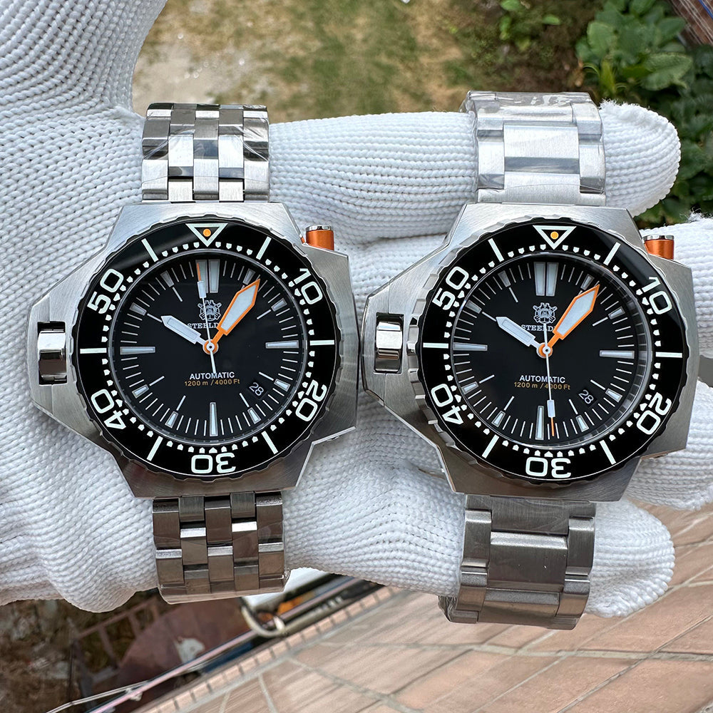 Two Steeldive SD1969 Proplof dive watches side by side on oyster bracelets, size and case comparison