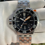 Steeldive SD1969 Proplof dial macro showing applied indices, orange seconds hand and 1200m 4000Ft text