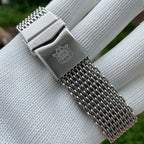 Steeldive SD1969 Proplof shark mesh bracelet clasp close-up with engraved skull diver logo