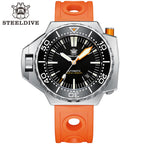 Steeldive SD1969 Proplof dive watch with black dial and bright orange perforated rubber strap, studio front