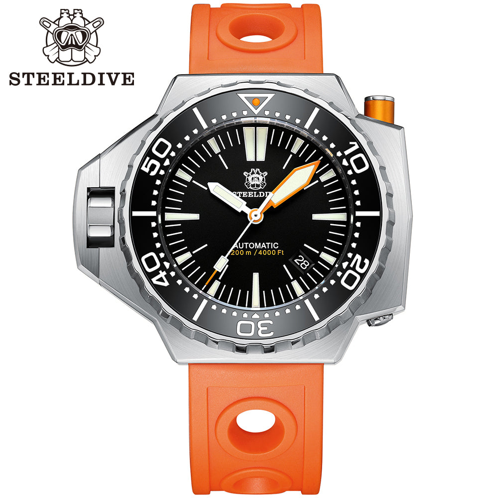 Steeldive SD1969 Proplof dive watch with black dial and bright orange perforated rubber strap, studio front