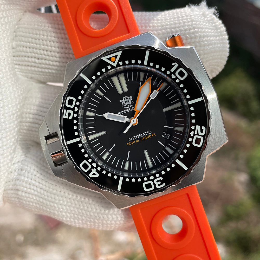 Steeldive SD1969 Proplof dive watch on bright orange rubber strap, outdoor close-up wrist view