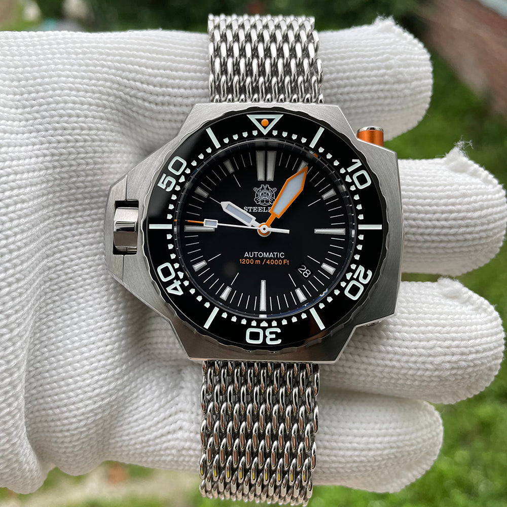 Steeldive SD1969 Proplof watch on stainless shark mesh bracelet, hand-held outdoor close-up