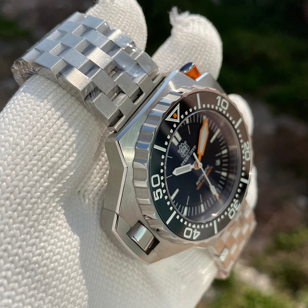 Steeldive SD1969 Proplof dive watch side profile showing crown guard, case flank and oyster end-link