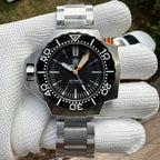Steeldive SD1969 Proplof dive watch wrist shot on oyster bracelet, black dial with orange minute hand