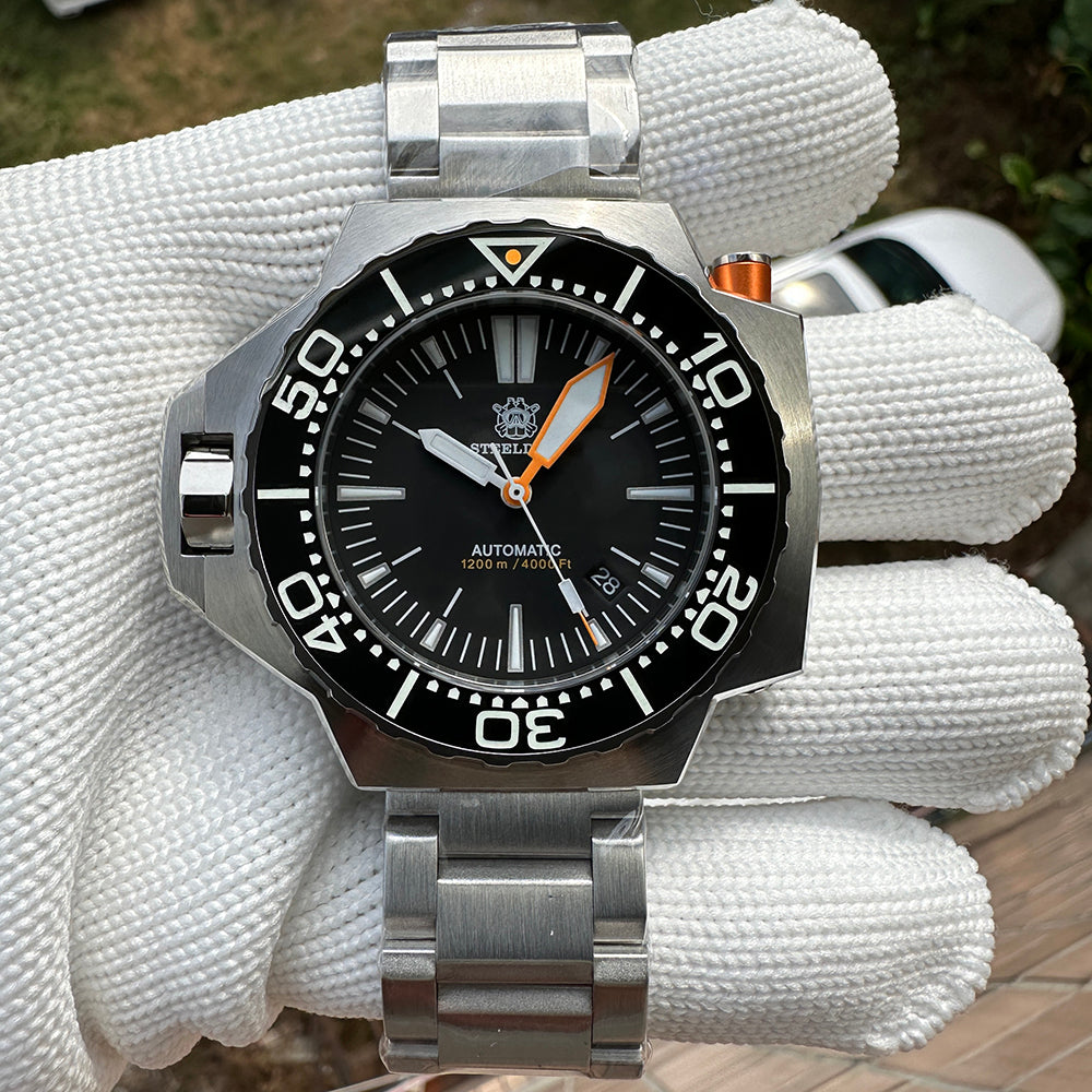 Steeldive SD1969 Proplof dive watch wrist shot on oyster bracelet, black dial with orange minute hand
