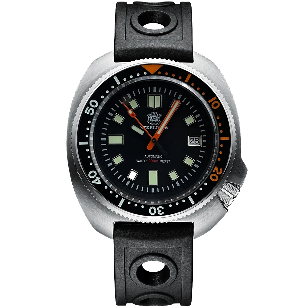 Steeldive SD1970C automatic diver watch with black dial and orange accents, black rubber strap, stainless steel case, NH35 movement and water resistance, background removed.