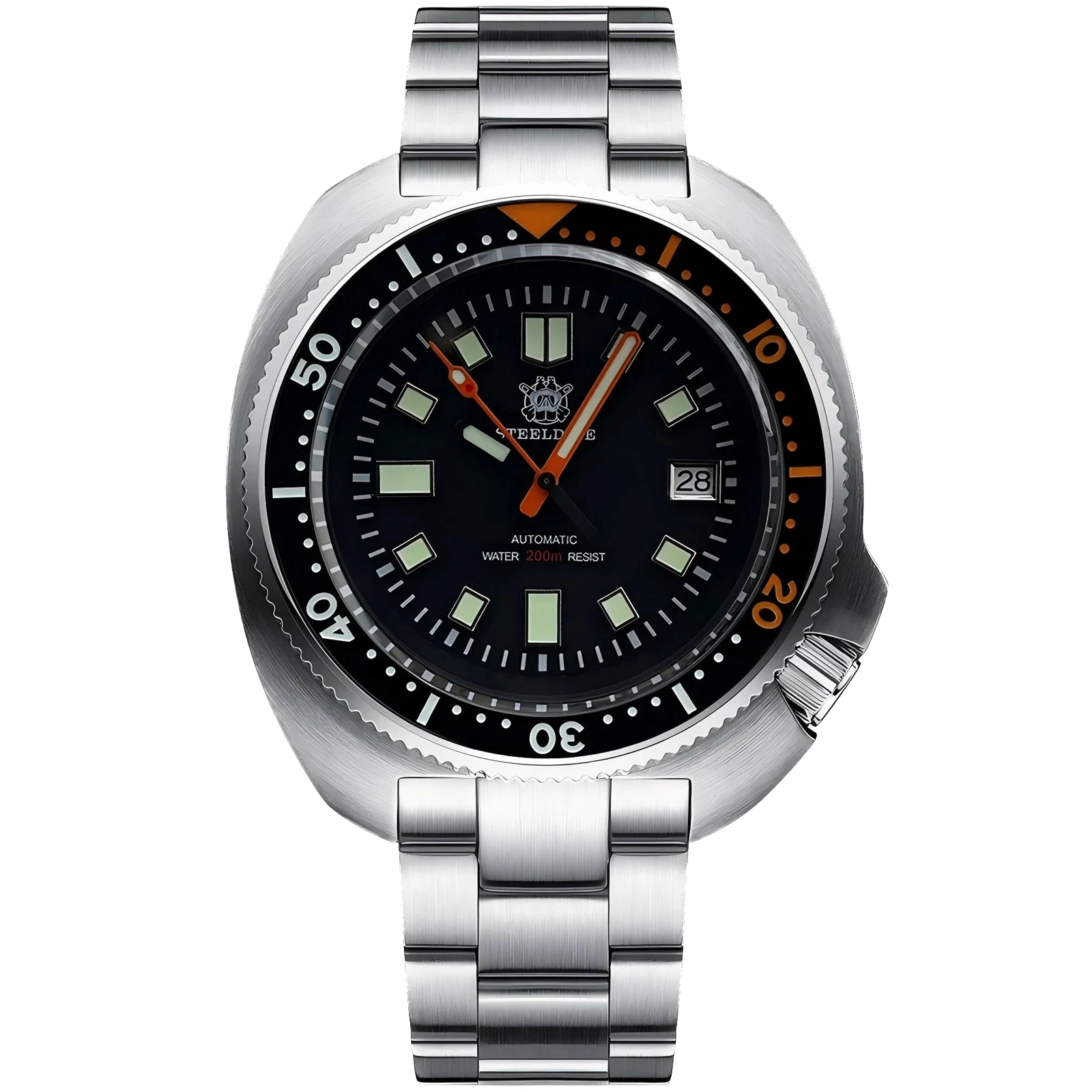 Steeldive SD1970C diver watch with black dial and orange accents, stainless steel bracelet, NH35 automatic movement, 44mm case, 200m water resistance.