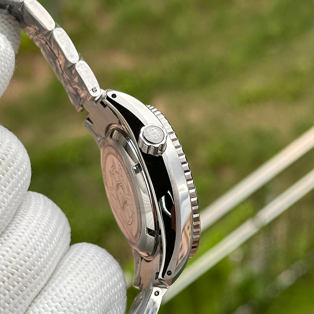 Steeldive SD1971GMT screw-down crown with engraved logo and steel case profile, side detail