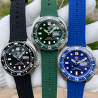 Steeldive SD1972 black, green and blue dial colorway comparison on matching rubber straps