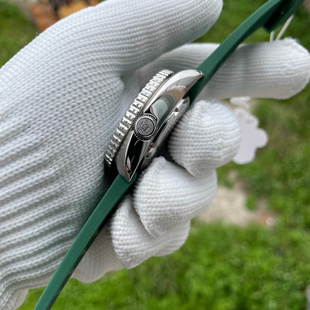 Steeldive SD1972 turtle case side profile with signed screw-down crown and green rubber strap