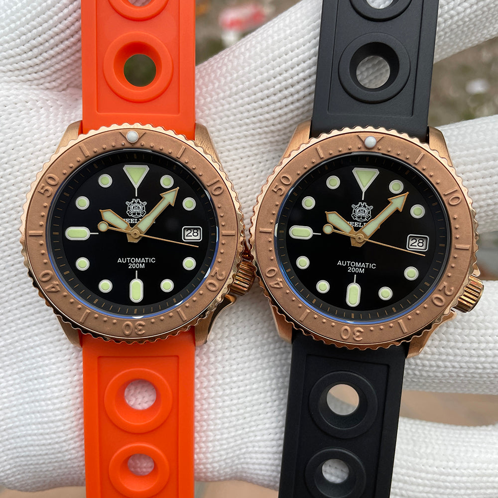 Steeldive SD1973S bronze dive watch shown side by side with orange and black rubber straps, dial comparison