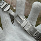 Steeldive SD1974 steel bracelet diver clasp opened showing micro-adjust holes and safety lock