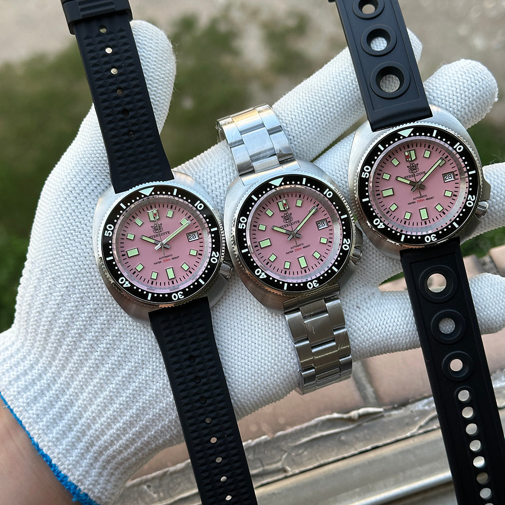 Steeldive SD1974 pink dial comparison shot, three strap options including bracelet and rubber
