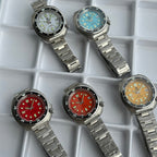 Steeldive SD1974 sapphire dive watch five color comparison: white, cyan, red, orange and yellow dials
