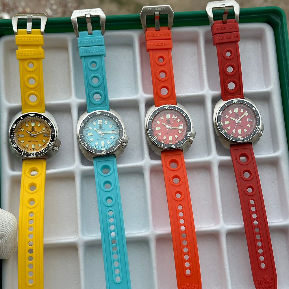 Steeldive SD1974 sapphire dive watch four colored rubber strap options with matching dial colors