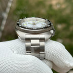 Steeldive SD1974 sapphire white dial dive watch side profile showing case thickness and crown
