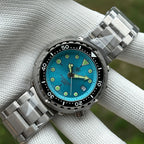 Steeldive SD1975 tuna ice blue dial on steel bracelet wrist shot outdoor lifestyle view