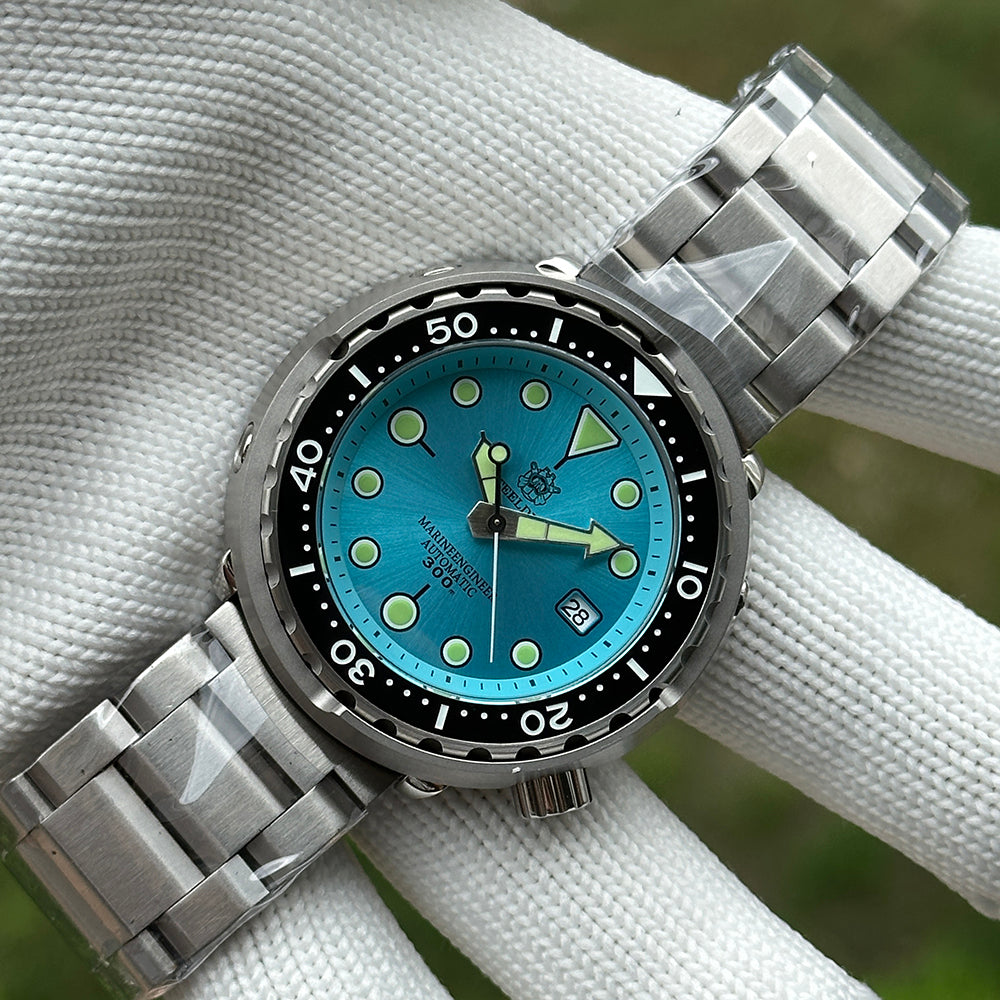 Steeldive SD1975 tuna ice blue dial on steel bracelet wrist shot outdoor lifestyle view