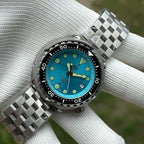 Steeldive SD1975 tuna ice blue dial on steel bracelet outdoor lifestyle wrist angle